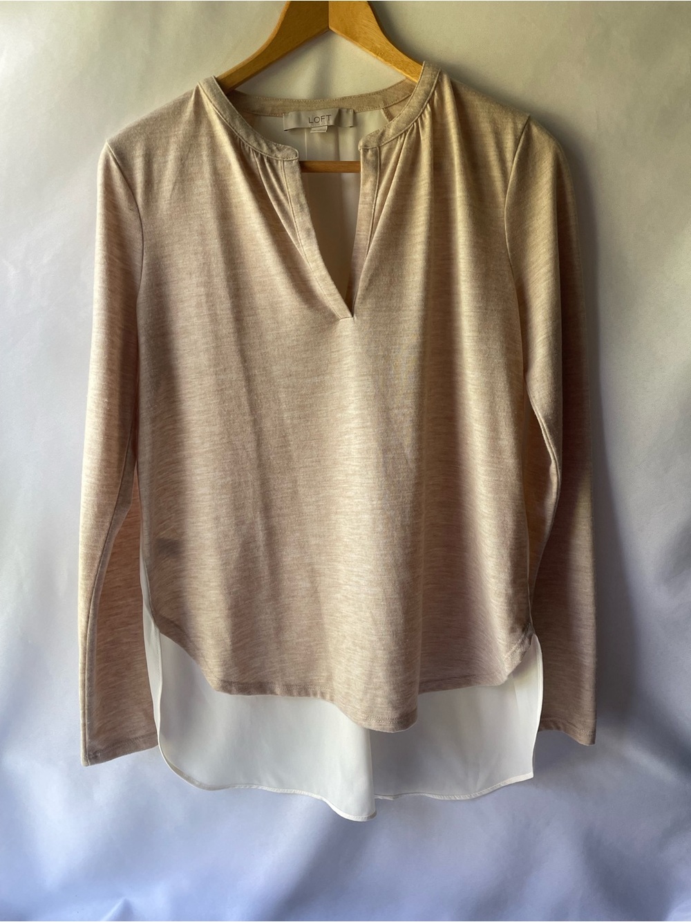 LOFT Light Beige Knit Long-Sleeve Top with Cream Chiffon Layer